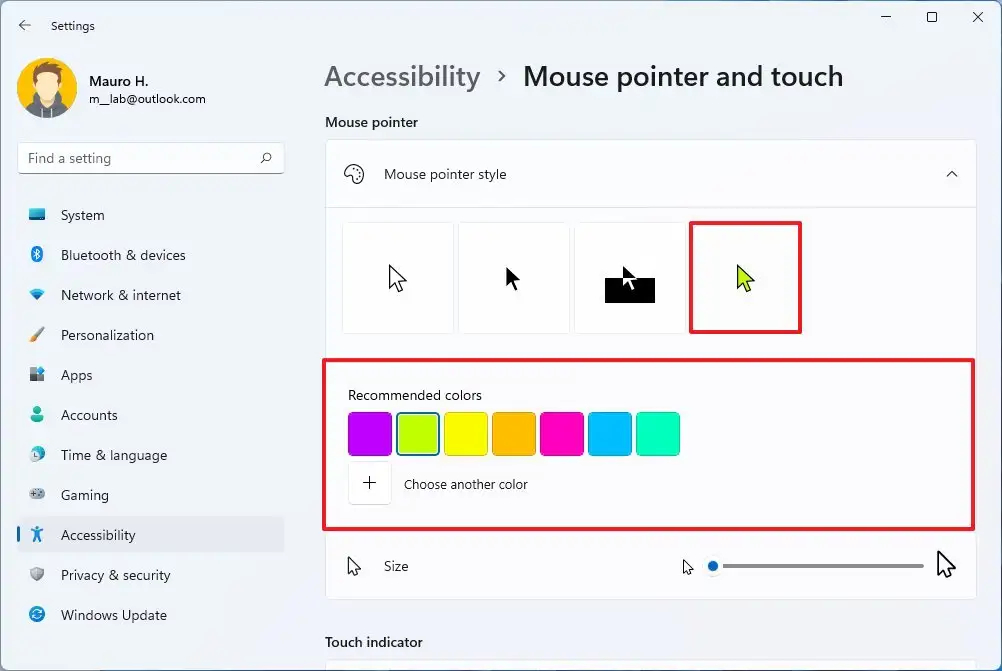 در قسمت Mouse pointer، گزینه Custom را انتخاب نمایید.